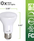 BR20 LED Bulbs 2700K Warm White Dimmable 6W to 50W Replacement 540 Lumens 90 CRI Ideal For Indoor And Outdoor Use Quick Instant On UL Listed CEC Title 20 Compliant 10 Pack