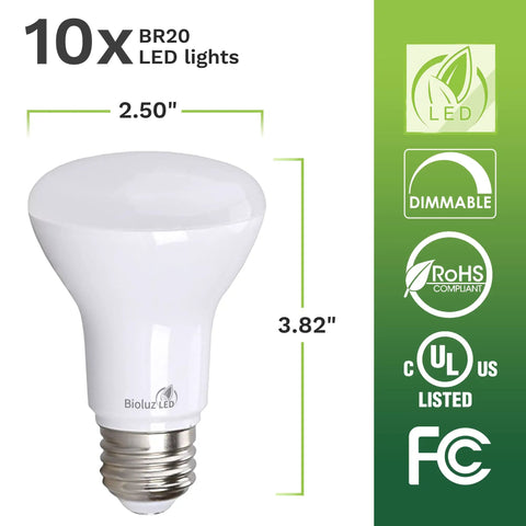 BR20 LED Bulbs 2700K Warm White Dimmable 6W to 50W Replacement 540 Lumens 90 CRI Ideal For Indoor And Outdoor Use Quick Instant On UL Listed CEC Title 20 Compliant 10 Pack