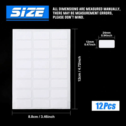 Image of white labels sheet included in Nylon Cable Marker Ties Set For DIY Pros, dimensions shown for size reference.