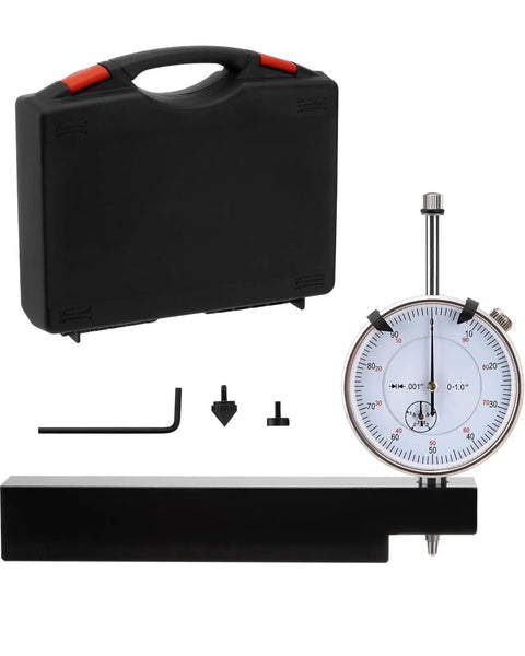 Gearhead Pro Grade Cylinder Bore Gauge With Sleeve Height And Counterbore Tool For All Diesel Engines, 0 To 1 Inch Range, 0.001 Inch Precision, Dial Indicator Kit With Base, Flat And Point Contacts, Hex Wrench, And Durable Case shown.