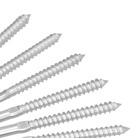 Close-up of Left Right Hand Thread Swage Lag Screws for 1/8 Inch Cable Railing T316 Stainless Steel Deck Baluster Kit