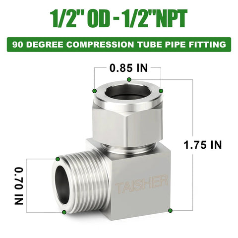 TAISHER 2-pack square 90-degree compression tube fitting, 1/2 in tubing OD to 1/2 in NPT male, 304 stainless