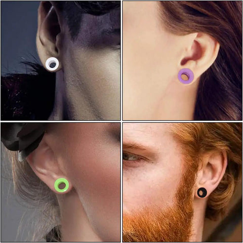 Collage showing 20 Piece Silicone Ear Tunnels Kit From 2G To 1 Inch Gauges Plugs Expander Set For Piercing And Stretching on various ears.