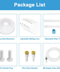 Standing Outdoor Misting System For Patio And Backyard package list with components like misting line, riser tube, and nozzle plugs.