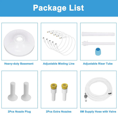 Standing Outdoor Misting System For Patio And Backyard package list with components like misting line, riser tube, and nozzle plugs.
