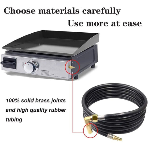 12Ft Propane Quick Connect Hose For RV To Grill With Low Pressure Elbow Adapter And Extension Compatible With Blackstone 17 And 22 Inch Griddles And Camp Chef Stoves For Outdoor Cooking Durable Brass Fittings And Weather Resistant shown with solid brass joints and high-quality rubber tubing.