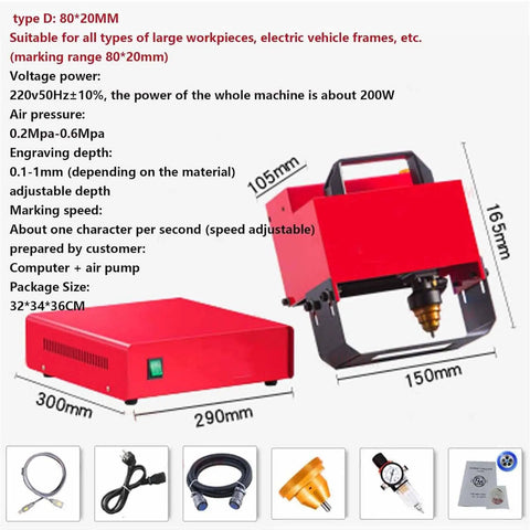 Pro Gear Pneumatic Dot Peen Marking Machine For Heavy Metal Engraving Projects With Digital Control To Stamp Vin Codes On Chassis Plates Using Real Deal Carbide Needle Tool close-up of machine specifications and components.