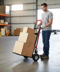 Convertible Hand Truck Dolly Cart Built To Haul Heavy Stuff With Four Wheels, Industrial Grade 1000 Lb Load, 2 Straps For Moving Furniture, Appliances, Boxes In Warehouse Or Office, Quick Assembly In Minutes Video Included being used to move boxes in warehouse by person.
