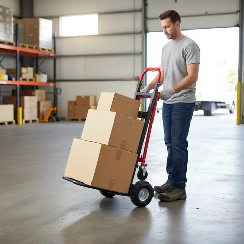 Convertible Hand Truck Dolly Cart Built To Haul Heavy Stuff With Four Wheels, Industrial Grade 1000 Lb Load, 2 Straps For Moving Furniture, Appliances, Boxes In Warehouse Or Office, Quick Assembly In Minutes Video Included being used to move boxes in warehouse by person.