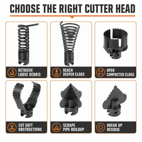 Various cutter heads for the Rock Solid C11 Type Drain Auger Kit With Serrated Cutter Head And Sturdy 32 Mm Sectional Cable.
