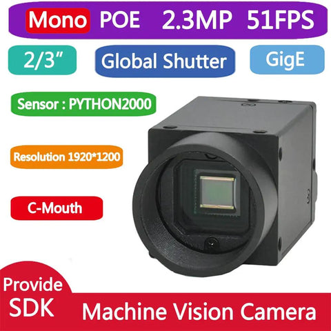 Industrial Gigabit Ethernet Camera with Global Shutter for Machine Vision, 2.3 MP 2/3 Inch CMOS, 1920x1200 Resolution, 51 FPS, C Mount
