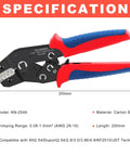 Knoweasy KN-2549 crimping tool with red and blue ergonomic handles, side view