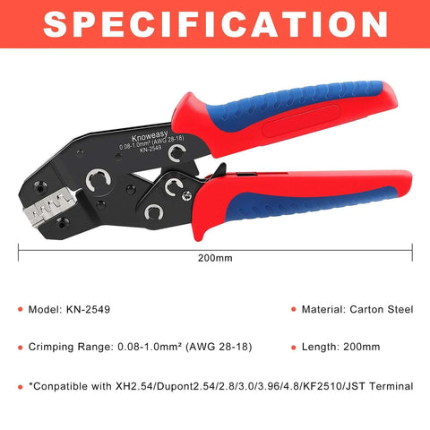 Knoweasy KN-2549 crimping tool with red and blue ergonomic handles, side view
