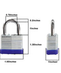 Two Trinity Keyed-Alike Padlocks Outdoor Heavy Duty Laminated Steel Body 1-9/16 Inch Shackle with dimensions shown.