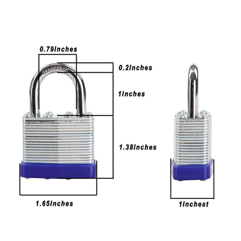 Two Trinity Keyed-Alike Padlocks Outdoor Heavy Duty Laminated Steel Body 1-9/16 Inch Shackle with dimensions shown.