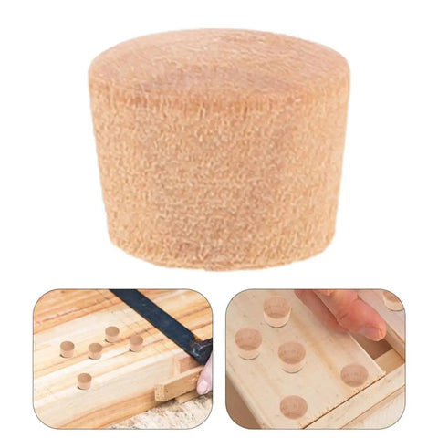 50 Piece Wooden Plug Replacement Set For Woodworking And Home Decor showing khaki plug and installation in wood surface