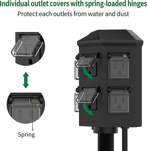Tough As Nails 24 Hour Mechanical Outdoor Timer With Six Grounded Outlets and Six Foot Extension Cord For Garden Lighting and Patio Setup Slick Waterproof Design Zero Hassle Scheduling with individual spring-loaded outlet covers.
