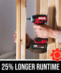 Pwr Core 20 Brushless 20V Compact Drill Driver And Impact Driver Kit in use, showing 25% longer runtime feature.