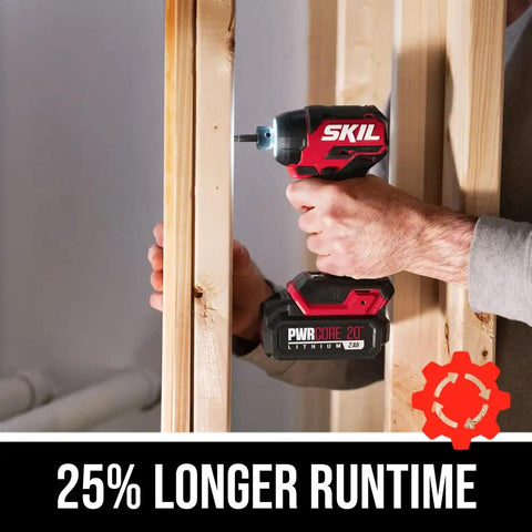 Pwr Core 20 Brushless 20V Compact Drill Driver And Impact Driver Kit in use, showing 25% longer runtime feature.