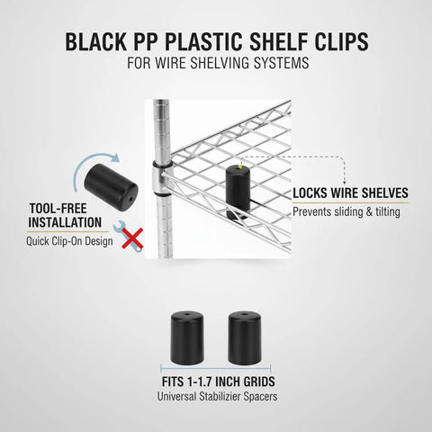 Tough as Nails Black PP Shelf Clips for Wire Shelving, Stabilizer Spacers that Fit 1 to 1.7 Inch Grids shown on a metal shelf.