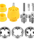 Heavy Duty Pvc Threader Kit With Electric Drill Adapter Including One Half, Three Quarter And One Inch Dies For Pipe Plumbing Works Crisp Cut No Burrs Easy Install Reusable Alloy Steel Tapping Tool parts with yellow and silver components.