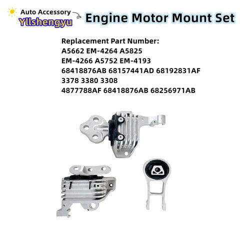 Three Piece Engine And Transmission Mount Kit For Jeep Cherokee 2014 To 2019 And Chrysler 200 2015 To 2017 Replacement For 3378 3380 3308 Steel And Aluminum Chassis Mount Ready To Go with visible parts and replacement numbers