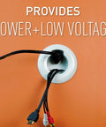 In Wall TV Power Outlet Kit White Complete Cable Grommet Set With Pre Wired Power Cord For Wall Mount System managing power and low voltage cables.