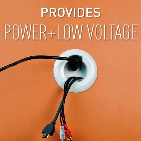 In Wall TV Power Outlet Kit White Complete Cable Grommet Set With Pre Wired Power Cord For Wall Mount System managing power and low voltage cables.