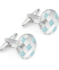 Classy Blue Silver Plated Cufflinks And Tie Clips For Men Clean Cut Formal Business Threads Hypoallergenic Round Grid Style, close-up view.