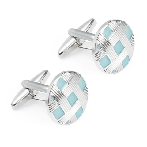 Classy Blue Silver Plated Cufflinks And Tie Clips For Men Clean Cut Formal Business Threads Hypoallergenic Round Grid Style, close-up view.