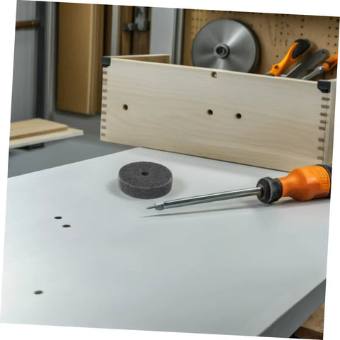 Get Your Business Rolling With This Awesome 6-Pack Of Nylon Buffing Wheel Discs Designed For Metal on a workbench.
