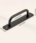 Front view of Matte Black Alloy Sliding Barn Door Handle, Heavy Duty Pull With Screws, dimensions shown, sleek modern design.
