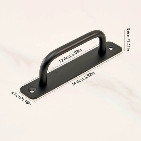 Front view of Matte Black Alloy Sliding Barn Door Handle, Heavy Duty Pull With Screws, dimensions shown, sleek modern design.