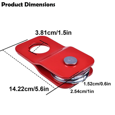 Off Road Recovery Snatch Block 4 Ton Winch Pulley With 8000 Lb Working Load For Truck SUV ATV UTV Hauling And Towing Compatible With Synthetic Rope And Steel Cable Up To 0.4 Inch, red dimensions view