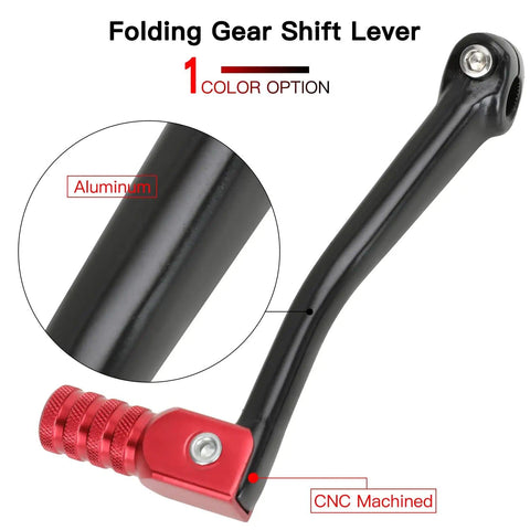 CNC Aluminum Folding Gear Shift Lever For 50cc To 160cc Pit Bikes, close-up of red and black shifter arm.