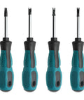 Four Piece U Type Screwdriver Set With Slick Magnetic Tips And Rugged Tpr Handles Chrome Vanadium Steel Construction Built Tough For Precision Mini Repairs And Tight Spaces Without Breaking A Sweat Top Shelf Quality, featuring four teal handled screwdrivers with magnetic U tips.