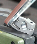 Beast Belt Sander for Finish Work and Detail Sanding, Mortising, Deburring Metal, and Paint Removal, with die-cast aluminum frame in use