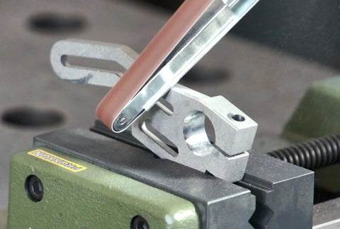 Beast Belt Sander for Finish Work and Detail Sanding, Mortising, Deburring Metal, and Paint Removal, with die-cast aluminum frame in use