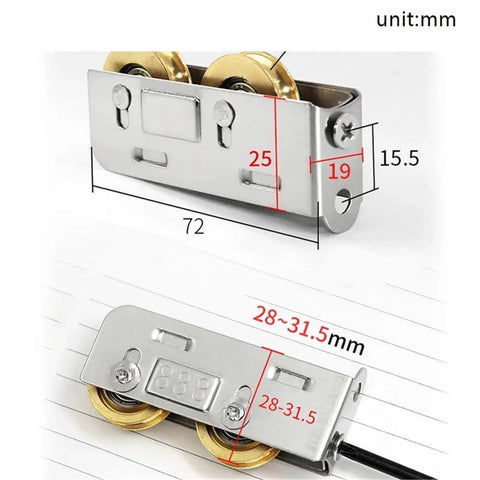 Smooth Out Sticking Doors With This 6 Piece Set Of Stainless Steel Sliding Door Rollers Designed With Double Copper Wheels And Quiet Bearings. Close-up of stainless steel roller with copper wheels and dimensions.