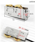 Heavy Duty 6 Piece Sliding Door And Window Pulley Kit With Silent Double Copper Wheels close-up view of dual copper wheel roller with measurements.