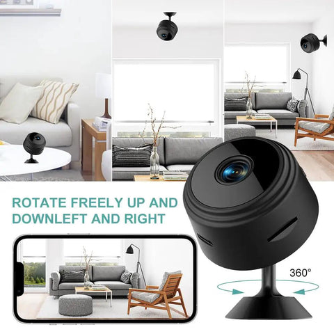 Mini Hidden Camera 1080P HD WiFi Security Cam For Baby And Pet Monitoring Nanny Cam For Home Indoor Outdoor Surveillance With App Remote Viewing And 150 Degree Wide Angle Easy Setup, shown in living room with smartphone view.
