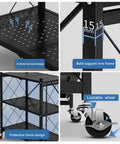 4 Tier Foldable Metal Storage Rack With Lockable Wheels, showing hollow-carved design, support frame, fence, and wheel detail