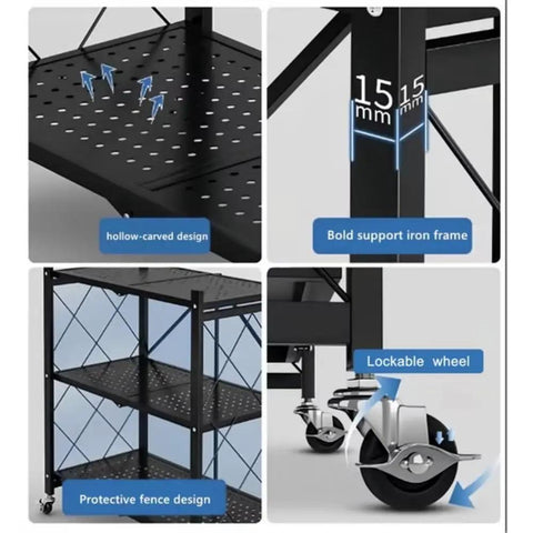 4 Tier Foldable Metal Storage Rack With Lockable Wheels, showing hollow-carved design, support frame, fence, and wheel detail