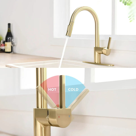 Gold Brushed Kitchen Faucet With Pull Down Sprayer Single Handle 360 Degree Swivel Low Arc Design 1 And 3 Hole Compatible With Deck Plate