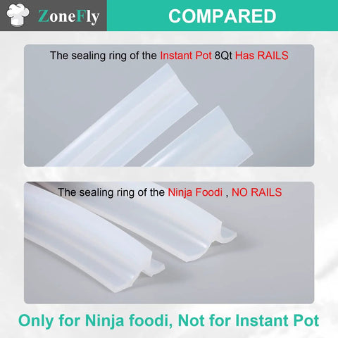 Comparison of silicone gaskets: Instant Pot 8Qt with rails and Ninja Foodi without rails highlighting differences in Sealing Ring Silicone Gasket For 6.5 Qt And 8 Qt Pressure Cooker And Air Fryer Replacement BPA Free 2 Pack Snug Fit Like A Glove For OP301 OP302 OS301 FD302 FD401 OS401 OL601 OL701 And Other 6.5 Qt And 8 Qt Models