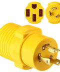 Heavy Duty Nema L6-30P To 14-50R EV Charging Adapter Converts Your 30 Amp Generator Locking Plug Into A 50 RV Outlet For No Sweat EV Camping Backup Power Setup, showing yellow plug connectors.