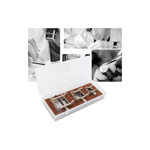 Watch Movement Holder Set Three Piece Metal Base for Repairing Tools in case, with watchmaker working images visible