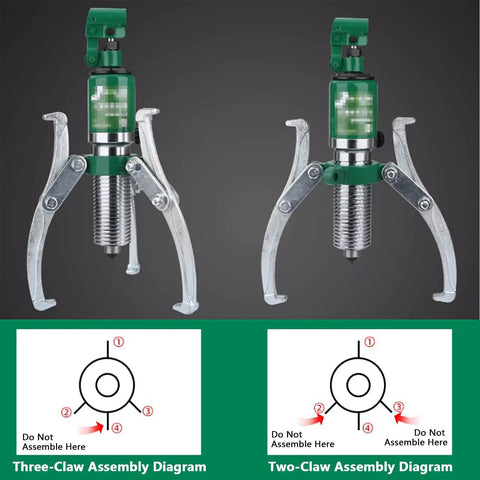Heavy Duty Hydraulic Gear Puller And Bearing Separator With Adjustable Jaws Portable Storage Case showing assembly diagrams for three and two-claw options.