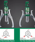 Heavy Duty 3 Jaw Hydraulic Bearing Puller Kit With Tough Plastic Carry Case And 10 Ton Gear Extractor Tool assembly diagrams.