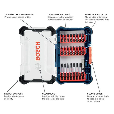 Open 24 Piece Impact Tough Screwdriving Set With Tilt In Case And Custom Storage Long Lasting Bits For High Torque 10x Life Advantage Over Standard Bits Easy Access Built For Tough Jobs showing organized bits inside.